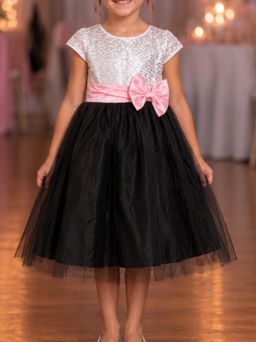 Blueberi Boulevard Girls 6X Sequin Tulle Party Dress Pink Bow Black Silver